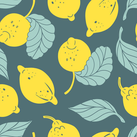 Seamless pattern with cute lemons and leaves, hand drawn vector illustrationのイラスト素材