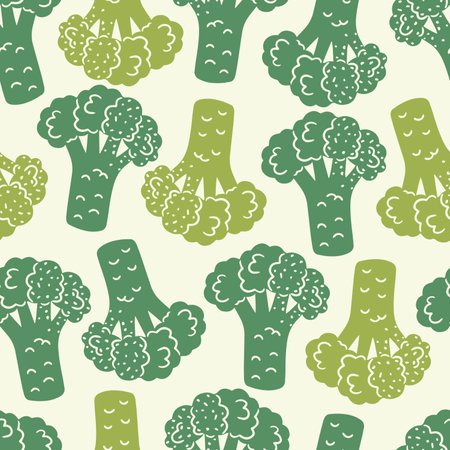 Seamless pattern with cute broccoli vegetables. Hand drawn vector illustrationのイラスト素材