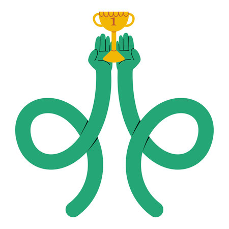 Two long twisted funky hands holding a golden cup, concept of winning and achieving, receiving prize for it. Hand drawn isolated on white vector illustrationのイラスト素材