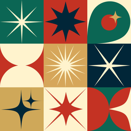 Seamless pattern with Christmas mid century modern style stars and sparkles. Hand drawn geometrical vector illustrationのイラスト素材