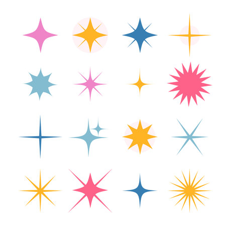 Set with 16 different colorful stars and sparkles. Hand drawn isolated vector illustrationsのイラスト素材