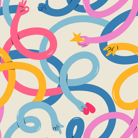 Seamless pattern with long curvy hands, showing funky gestures, giving love. Hand drawn vector illustrationのイラスト素材