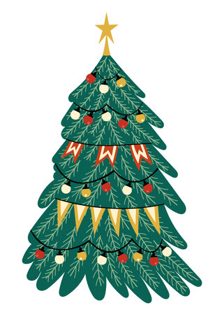Lush spruce decorated with vintage ornaments. Old fashioned Christmas tree with retro garland and lights. Hand drawn isolated vector illustrationのイラスト素材