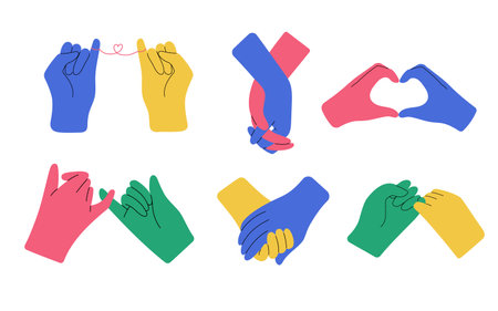 Set with colorful diverse hands holding each other, being in love or friends. Hand drawn set of vector illustrations, isolated on whiteのイラスト素材