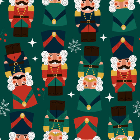 Seamless pattern with vintage nutcrackers. Old fashioned Russian nutcracker Christmas toy. Hand drawn vector illustrationのイラスト素材