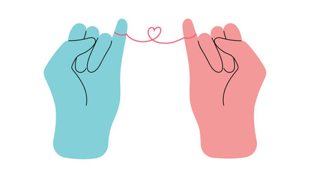 Diverse hands holding heart string with pinky fingers, concept of love and friendship. Hand drawn...