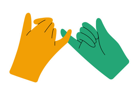 Diverse hands holding with pinky finger making a promise. Hand drawn isolated vector illustrationのイラスト素材