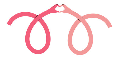 Long twisted pink hands forming a heart shape with fingers, concept of love, care and support. hand drawn isolated vector illustrationのイラスト素材