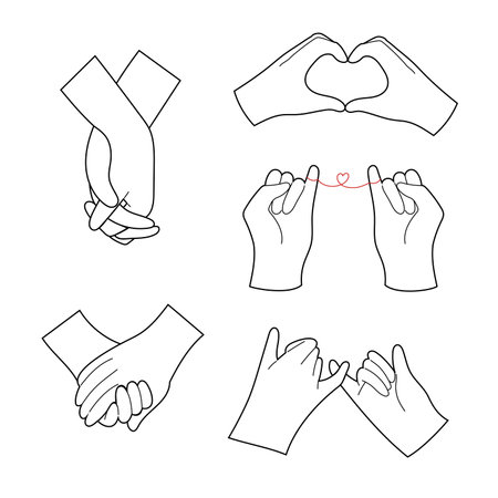 Set with linear hands holding each other, being in love or friends. Hand drawn set of vector illustrations with editable strokes, isolated on whiteのイラスト素材