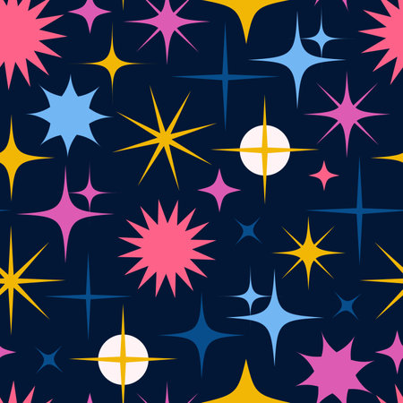 Seamless pattern with different colorful twinkling stars on a dark blue background. Hand drawn vector illustrationのイラスト素材