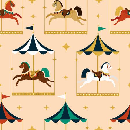 Seamless pattern with festive merry-go-round, vintage carousel with horses. Hand drawn vector illustrationのイラスト素材