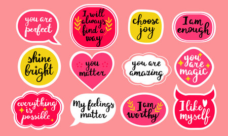 Set with 12 cute girly self love affirmations stickers. Hand drawn vector illustrations isolated on pink backgroundのイラスト素材