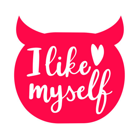 Cute hand written self appreciation phrase I like myself in a cute horned bubble, girl boss evil sticker. Hand drawn vector illustration isolated on white backgroundのイラスト素材