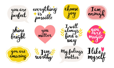 Set with 12 different self worth phrases. Encouraging affirmations. Hand written isolated vector illustrationsのイラスト素材