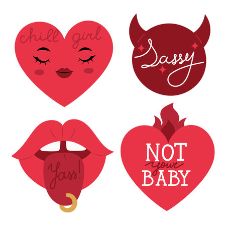 Set with 4 stickers or badges with  bossy mindset phrases, sarcastic quotes. Hand drawn isolated vector illustrations with editable calligraphyのイラスト素材