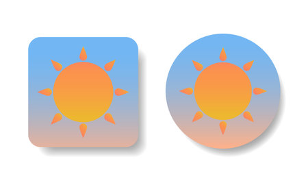 Weather icons in square and round shape, sunny day, clear morning.  Isolated hand drawn vector illustrations in flat design.のイラスト素材