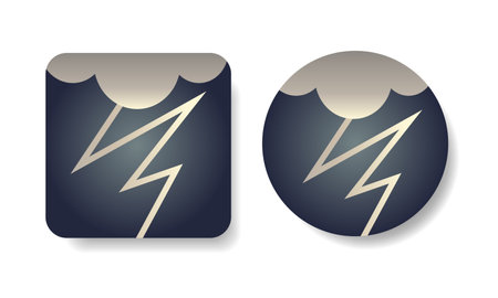 Square and round shape weather icons with thunderstorm. Hand drawn isolated vector illustrations in flat design.のイラスト素材