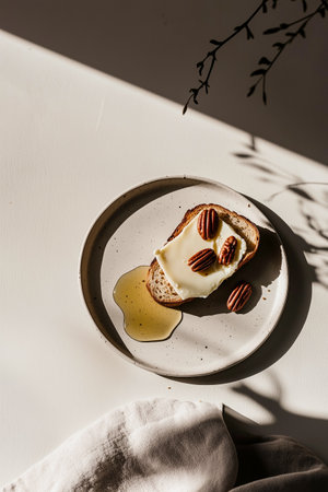 Artisan toast topped with a creamy Brie cheese, drizzled with honey and topped with whole pecans. The toast rests on a clean, matte white plate, simple and elegant  composition.の素材
