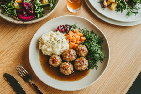 A traditional Swedish home-cooked meatballs with mashed potatoes and jam.の素材