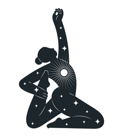 Spiritual female silhouette with shining sun and stars, concept of power and strength within. Hand drawn isolated vector illustrationのイラスト素材