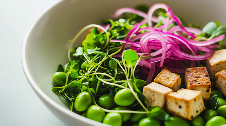 Close up presentation of a microgreens, onions, edamame and soya salad in a matte white ceramic bowl.の素材