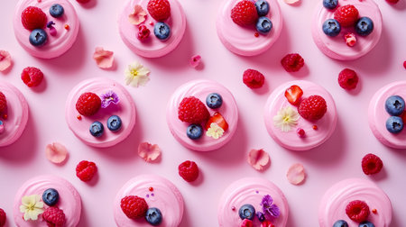 An array of pink mini cakes, each topped with berries like raspberries, blueberries, and sliced strawberries, arranged in a precise knolling layout.の素材
