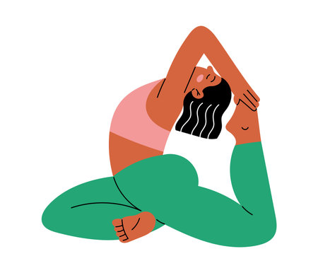 Diverse black woman is stretching in yoga pose, body positive sporting. Hand drawn isolated vector illustrationのイラスト素材
