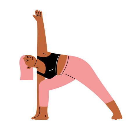 Lovely black lady with pink hair doing yoga, standing in a stretching pose. Hand drawn isolated vector illustration.のイラスト素材