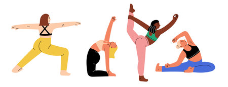 Four different women doing pilates exercises. Hand drawn isolated vector illustrationsのイラスト素材