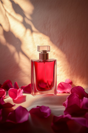 A single elegant perfume bottle positioned in arrangement of rose petals on a soft, silky surface.の素材