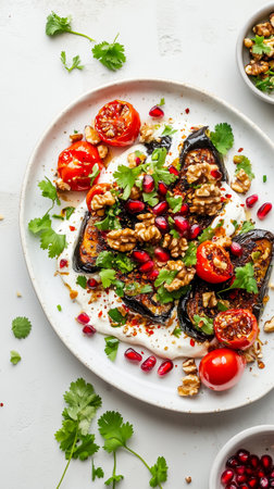 Grilled eggplant caviar with yoghurt, roasted cherry tomatoes, garlic, toasted walnuts, pomegranate seeds on a white plate.の素材
