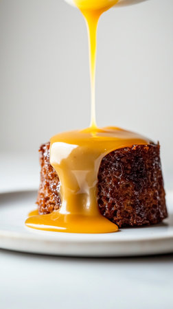 Sticky toffee pudding, with dripping warm sauce, served with smooth vanilla custard on a white plateの素材
