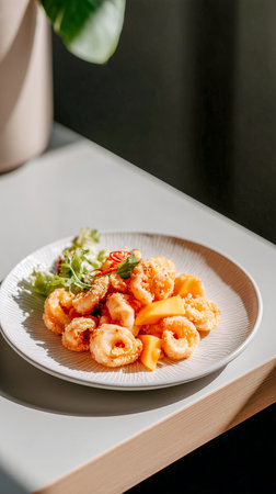 Calamari in mango and sweet chilli salsa, side view on modern cafe table.の素材