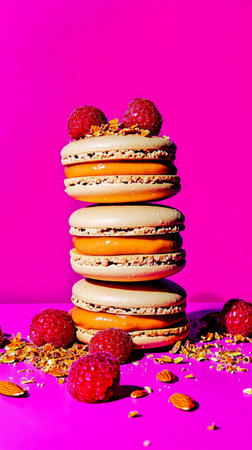 Macarons with almond filling ganache and raspberries. vibrant and bold food styling.の素材