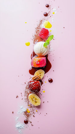 Tropical ice-cream composition with fruits and berries in artistic styling and serving.の素材