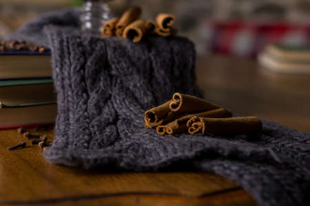 Cinnamon sticks on warm grey scarf in winter evening. Christmas eve. Seasonal and holidays concept. Selective focusの写真素材