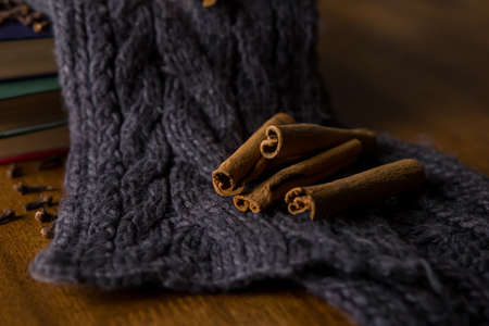 Cinnamon sticks on warm grey scarf in winter evening. Christmas eve. Seasonal and holidays concept. Selective focusの写真素材