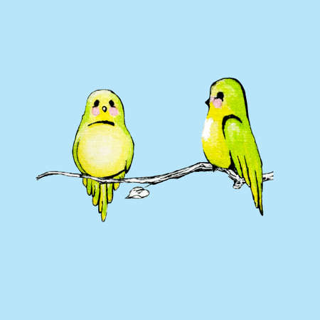 Watercolor green birds sitting on a branchのイラスト素材