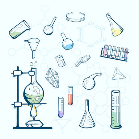 Chemistry lab icons. Sketched illustration.のイラスト素材