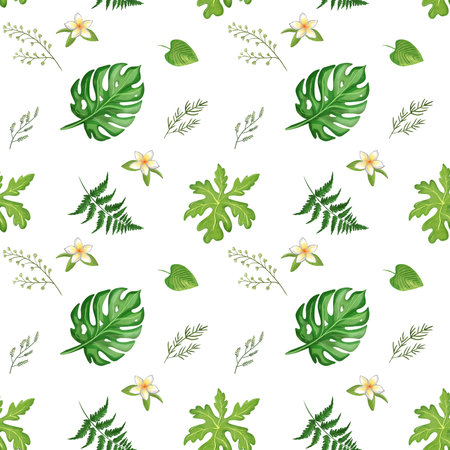 This design showcases various tropical leaves, ferns, and delicate flowers arranged in a repeating pattern against a clean white background. A bright and lively aesthetic perfect for decor.の写真素材