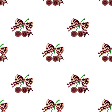 This design features a repeating pattern of cherries adorned with leopard print bows on a clean white background, perfect for fabric or wallpaper.の写真素材