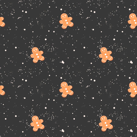 A festive pattern features gingerbread men scattered across a dark background. White snowflakes fall, creating a cheerful winter holiday scene. Perfect for seasonal decorations.の写真素材