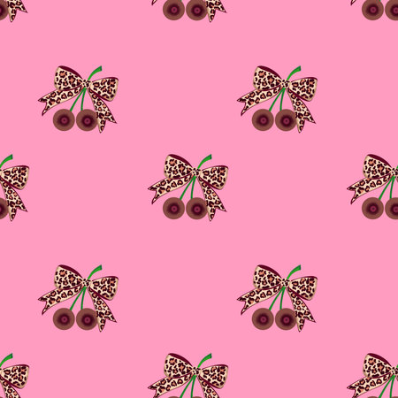 Colorful pattern design featuring cherries with leopard print bows against a bright pink backgroundの写真素材