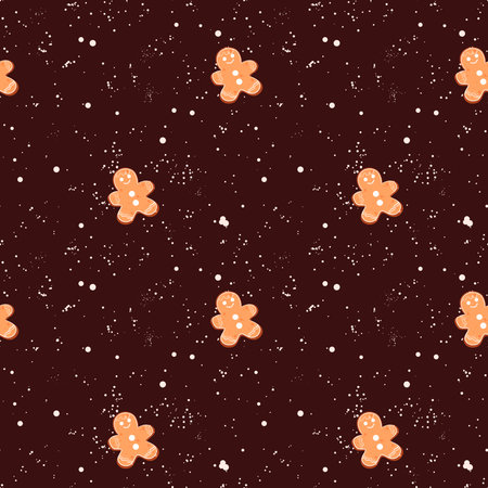 Gingerbread cookie pattern on a dark chocolate background perfect for festive decorationsの写真素材