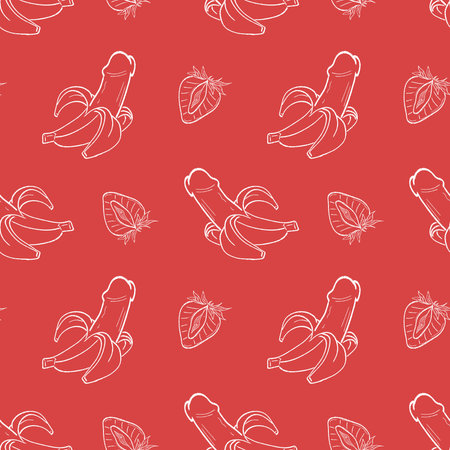 Fun pattern featuring bananas and strawberries on a bright red background for playful decor ideasの写真素材
