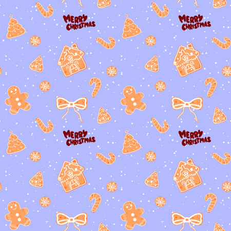 Festive holiday pattern with gingerbread cookies, candy canes, and Christmas decorations on a blue backgroundの写真素材