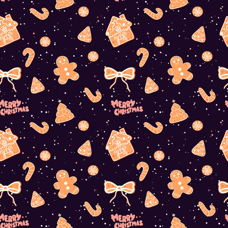 Festive Christmas pattern featuring gingerbread cookies, candy canes, and holiday decorations on a dark backgroundの写真素材
