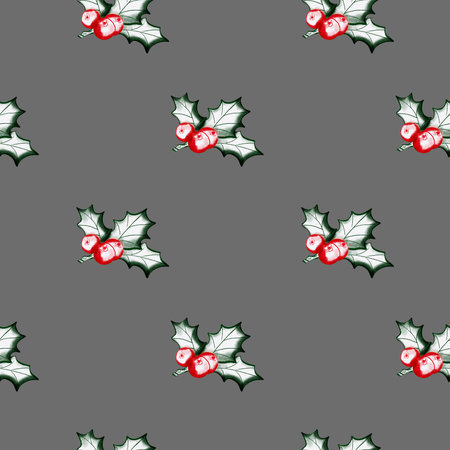 Festive pattern featuring holly leaves and berries on a gray background for holiday decor and celebrationsの写真素材