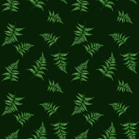 Green fern pattern on dark background highlighting natures beauty and organic design elements for textiles or wallpaperの写真素材