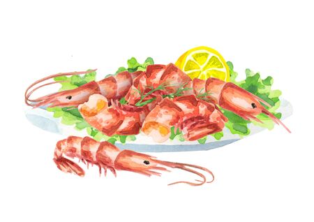 Plate of shrimp. Watercolorの写真素材